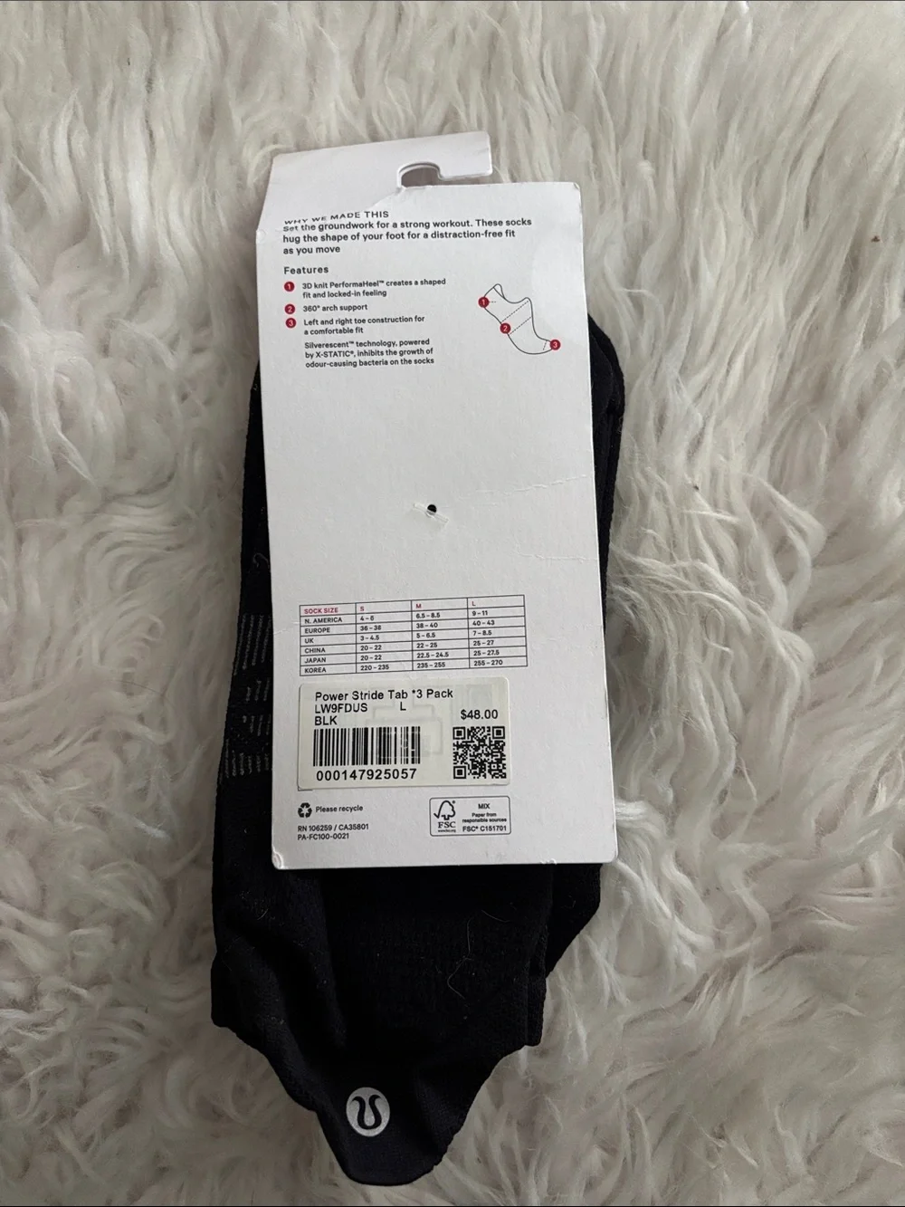 Lululemon Women’s Power Stride Tab Socks, Black, Size Large
